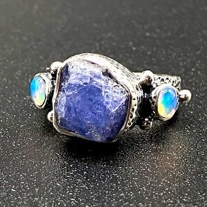 Genuine Raw Tanzanite & Ethiopian Opal Ring in Artisan Sterling Silver